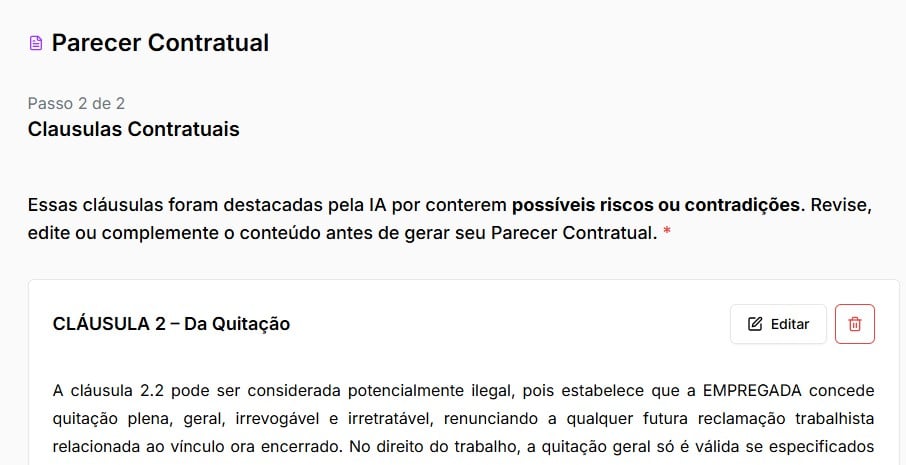 Tela para o advogado fazer analise dos casos