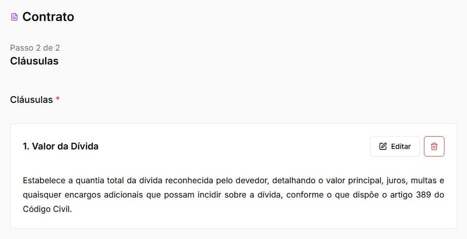 Tela para edição de cláusulas