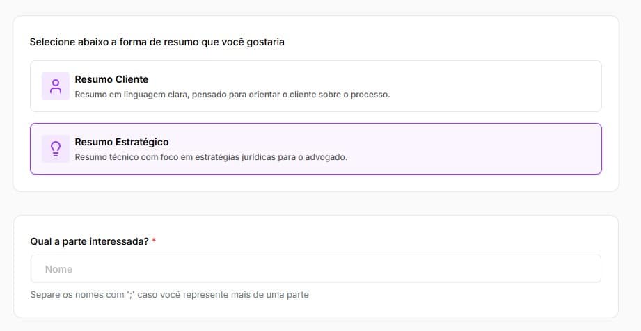 Tela para escolher entre resumo para cliente ou advogado