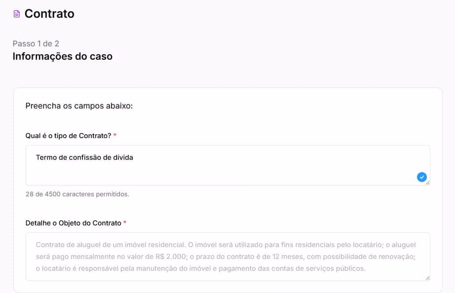 Tela para preencher informações sobre o Termo de Confissão de Dívida