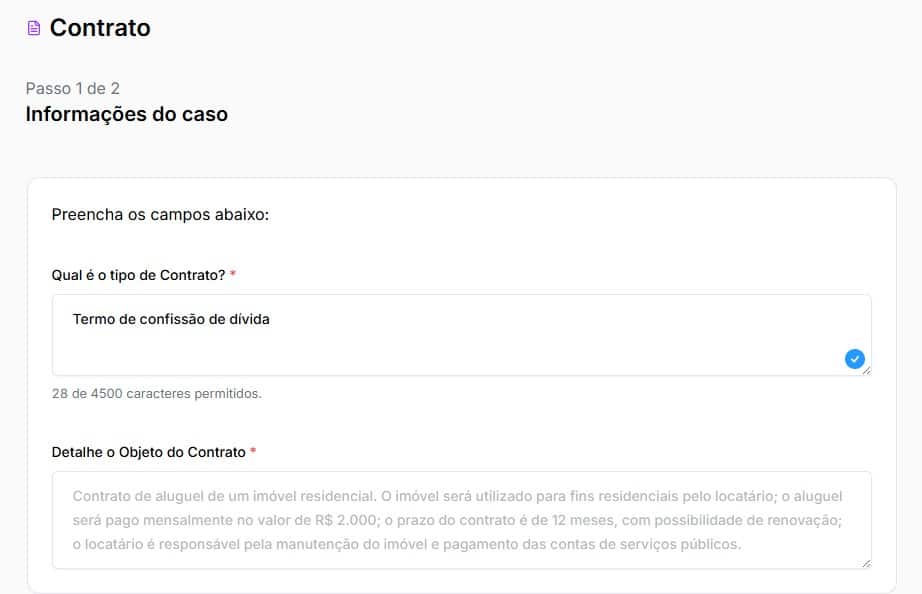 Tela para preencher informações sobre o termo