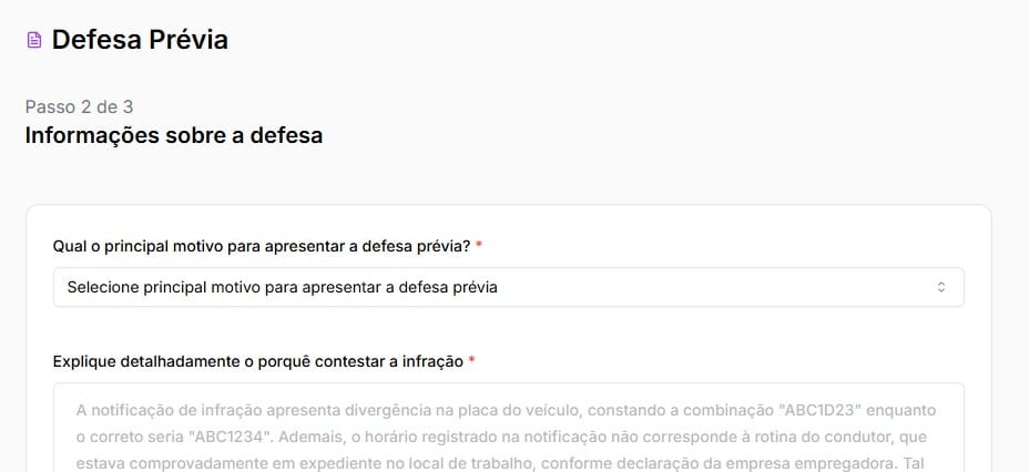 Tela para preencher informações sobre a defesa