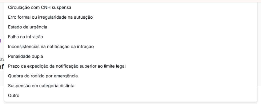 Tela com motivos para pedir defesa prévia