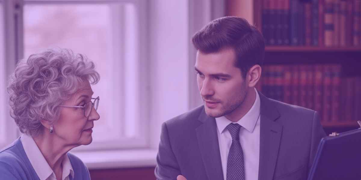 A imagem mostra um advogado, conversando com uma mulher idosa sobre seu requerimento ao INSS.