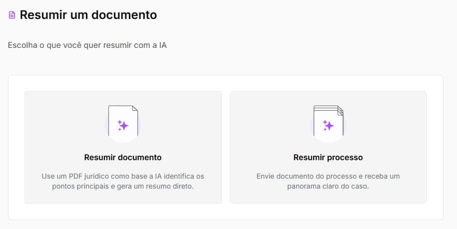 Escolher entre resumir documento ou processo
