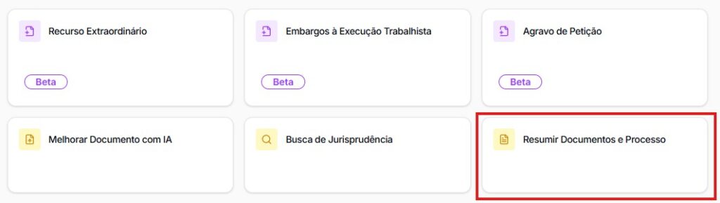 Tela para selecionar resumo de documentos e processo