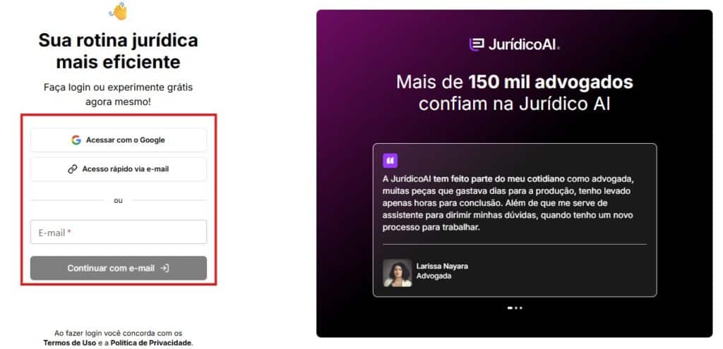 Tela para fazer login na Jurídico AI