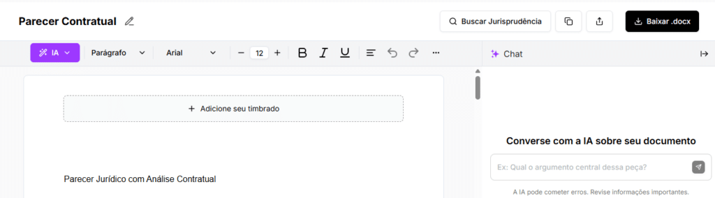 Tela para editar e baixar Analise Contratual com parecer