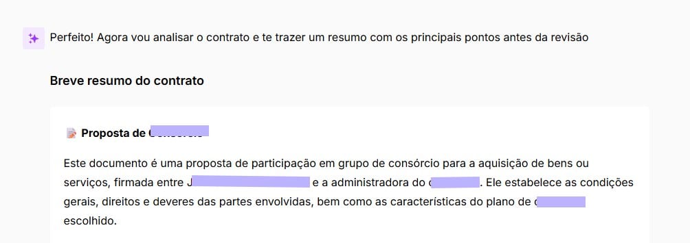 Tela com breve resumo do contrato