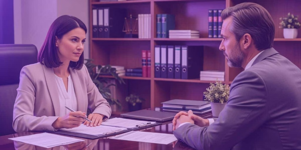 Uma advogada conversa com seu cliente sobre o depósito caução.