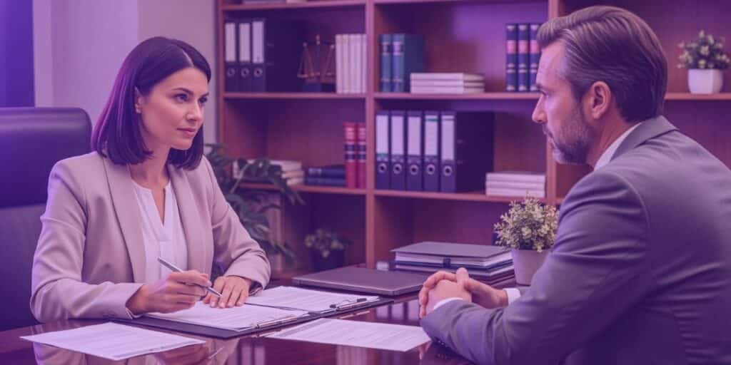 Uma advogada conversa com seu cliente sobre o depósito caução.