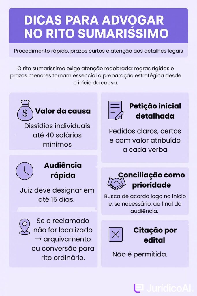 Infográfico com dicas para advogados que atuam no rito sumaríssimo.