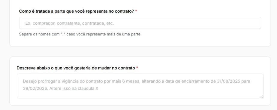 Preencher parte que representa o contrato e descrição do será alterado.