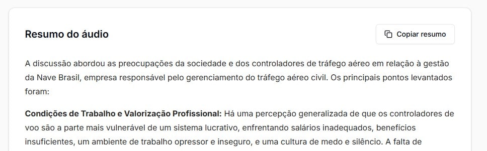 Tela com resumo do áudio