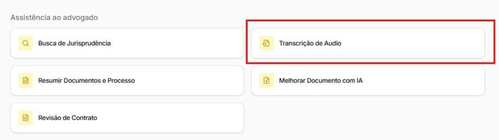 Tela para selecionar Transcrição de áudio