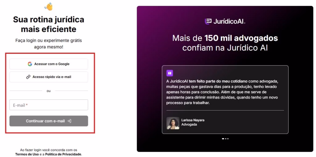 Tela para fazer login na Jurídico AI