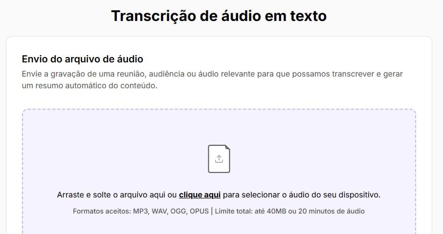 Tela para adicionar o áudio