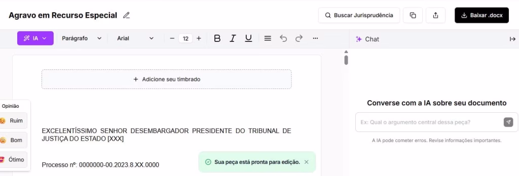 Tela para editar e baixar o documento 