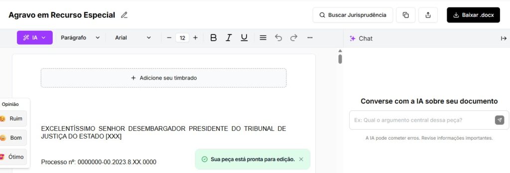 Tela para editar e baixar o documento