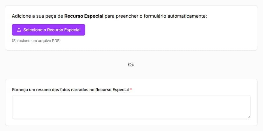 Tela para colocar Recurso em PDF ou preencher informações manuais