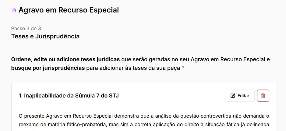 Tela para edição de teses e jurisprudências