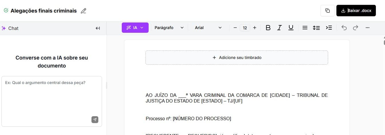 Tela para editar e baixar Alegações Finais Criminal
