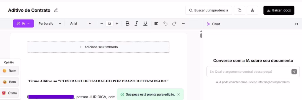Tela para editar e baixar o aditivo de contrato