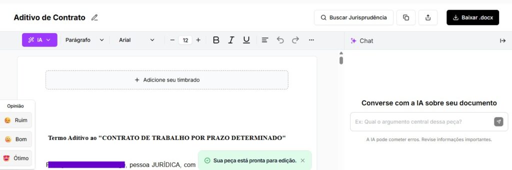 Tela para editar e baixar o aditivo de contrato