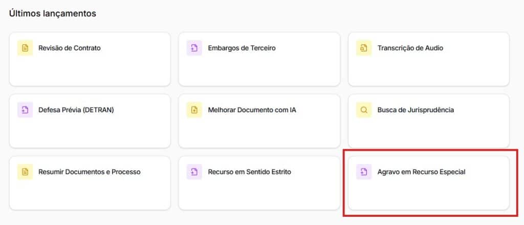 Tela para selecionar Agravo em Recurso Especial