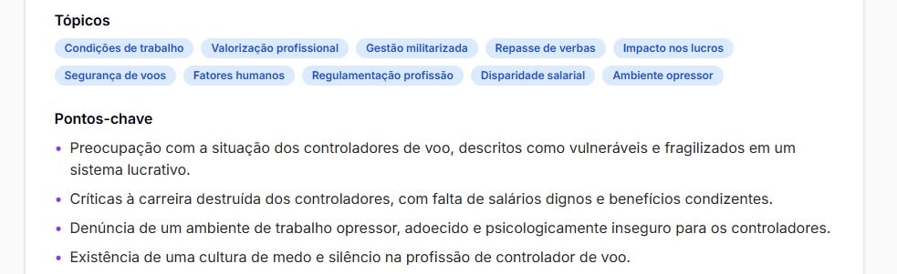 Tela com tópicos e pontos chaves