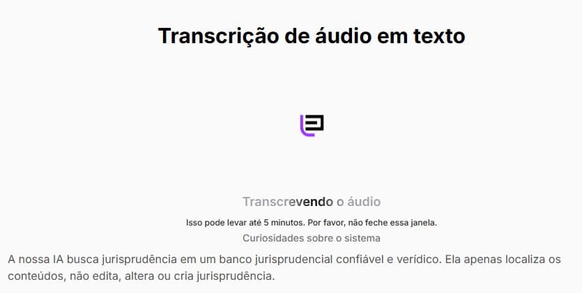 Tela transcrevendo o áudio