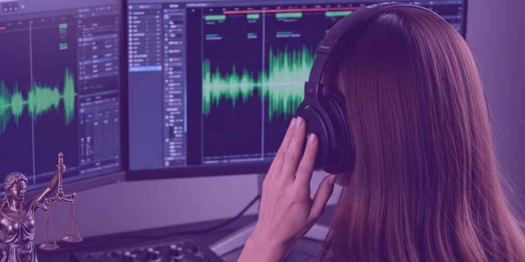 Advogada usando ferramenta de transcrição de áudio