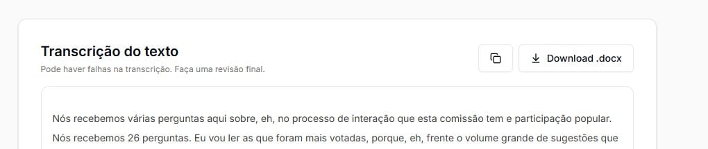 Tela de transcrição de áudio na Jurídico AI