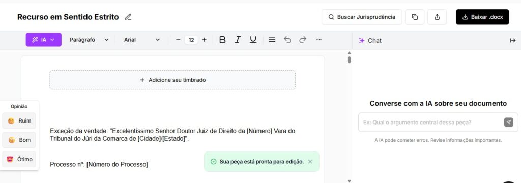 Tela para editar e baixar Recurso em Sentido Estrito
