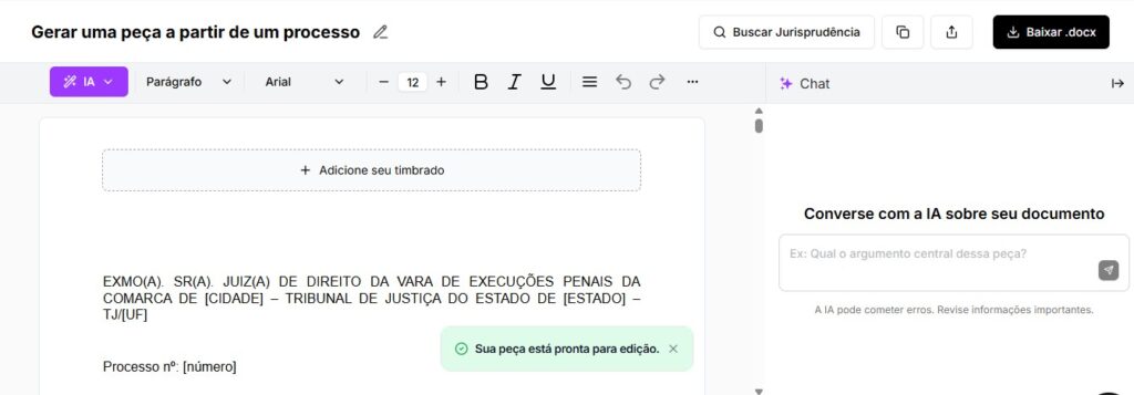 Tela para editar e baixar agravo em execução penal
