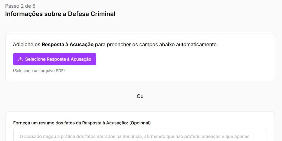 
Tela para preencher informações sobre defesa criminal automático ou manual.