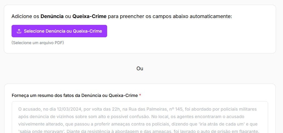 Tela para preencher informações sobre denúncia ou queixa-crime