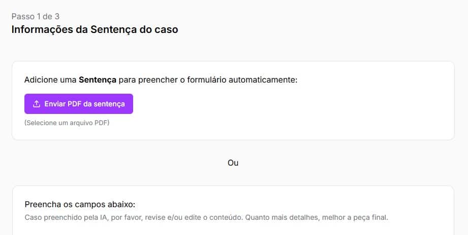 Tela para adicionar informações sobre a sentença