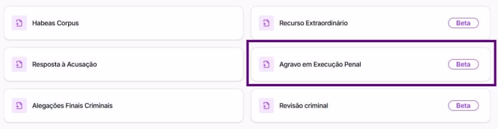 Tela para selecionar agravo em execução penal