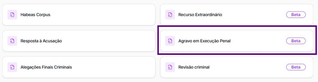 Tela para selecionar agravo em execução penal
