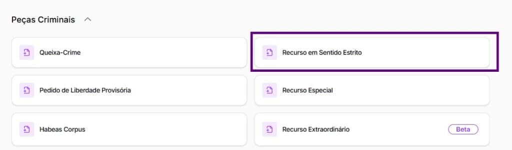 Tela para selecionar Recurso em Sentido Estrito