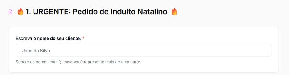 Tela para preencher com nome do cliente