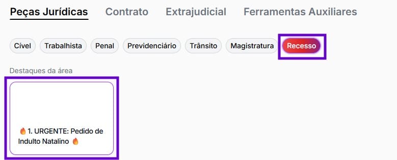 Tela para selecionar pedido de indulto natalino