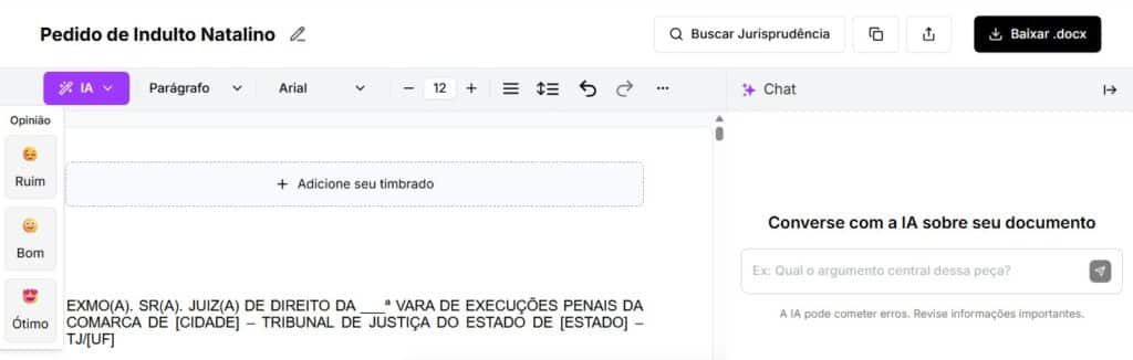 Tela para editar e baixar pedido de indulto natalino