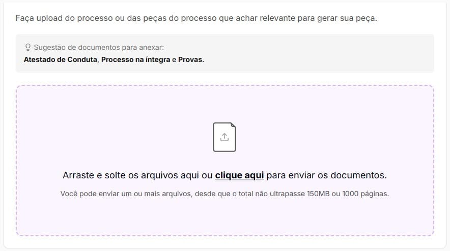 Tela para fazer uploud de documentos