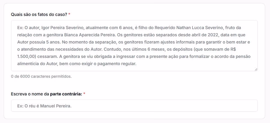 Tela para preencher dados do caso e o nome da parte contrária