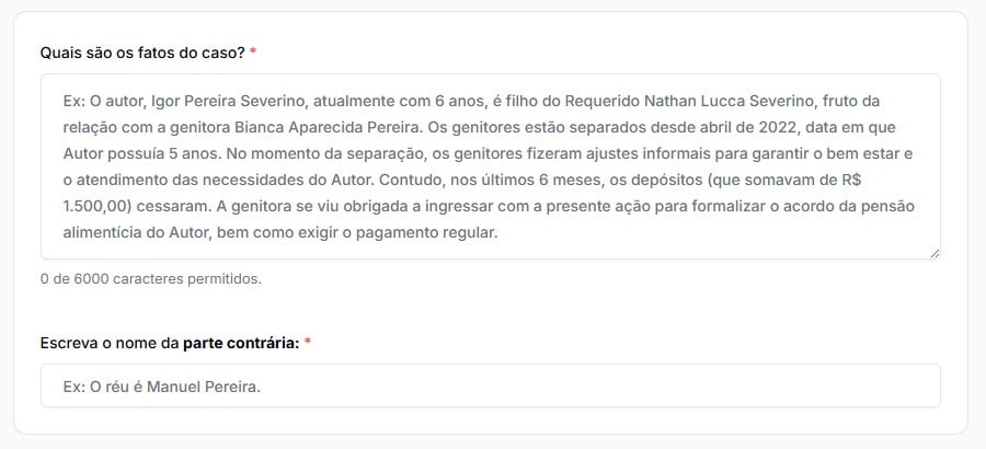Tela para preencher dados do caso e o nome da parte contrária