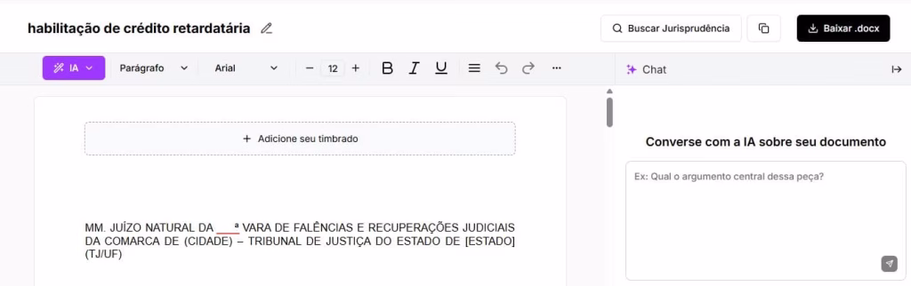 Editar e baixar habilitação de crédito retardatária