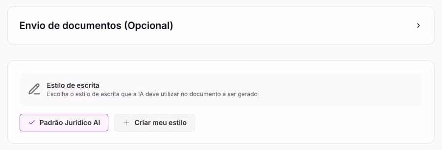 Tela com opção de envio de documentos ou escolha de estilo de escrito 