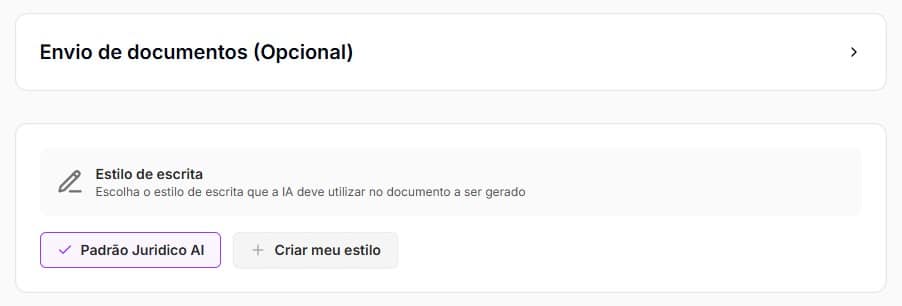 Tela com opção de envio de documentos ou escolha de estilo de escrito